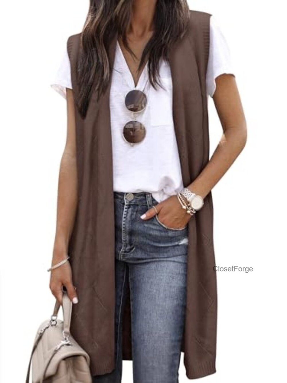 Sleeveless Open Front Knit Sweater Vest Long Cardigan Fitted V Neck
